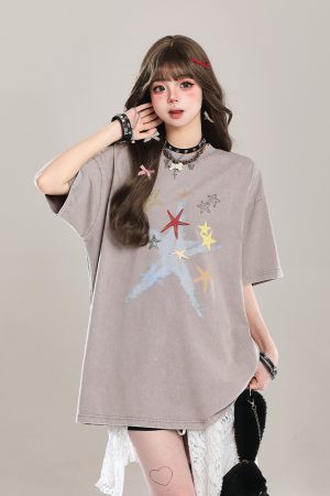 American Style Star Short-Sleeve T-Shirt for Girls - Unique Summer Casual Loose Fit Half-Sleeve Top