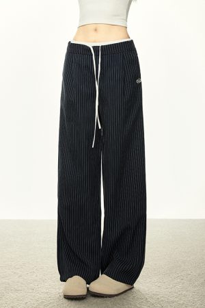 American-Style Striped Faux Two-Piece Suit Pants for Women - Loose Wide-Leg Casual Trousers for Spring and Autumn Fashion