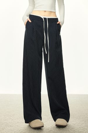 American-Style Striped Faux Two-Piece Suit Pants for Women - Loose Wide-Leg Casual Trousers for Spring and Autumn Fashion