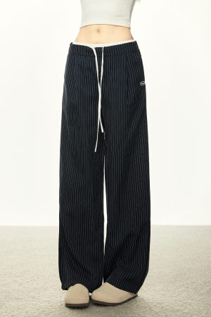 American-Style Striped Faux Two-Piece Suit Pants for Women - Loose Wide-Leg Casual Trousers for Spring and Autumn Fashion