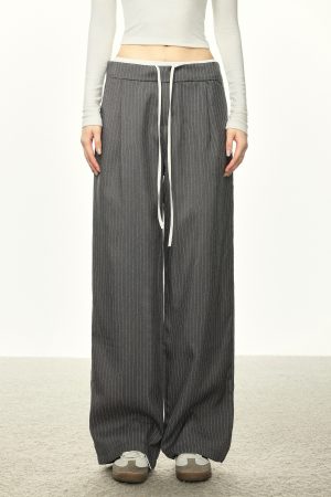 American-Style Striped Faux Two-Piece Suit Pants for Women - Loose Wide-Leg Casual Trousers for Spring and Autumn Fashion