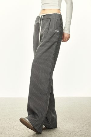 American-Style Striped Faux Two-Piece Suit Pants for Women - Loose Wide-Leg Casual Trousers for Spring and Autumn Fashion