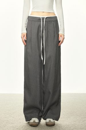 American-Style Striped Faux Two-Piece Suit Pants for Women - Loose Wide-Leg Casual Trousers for Spring and Autumn Fashion