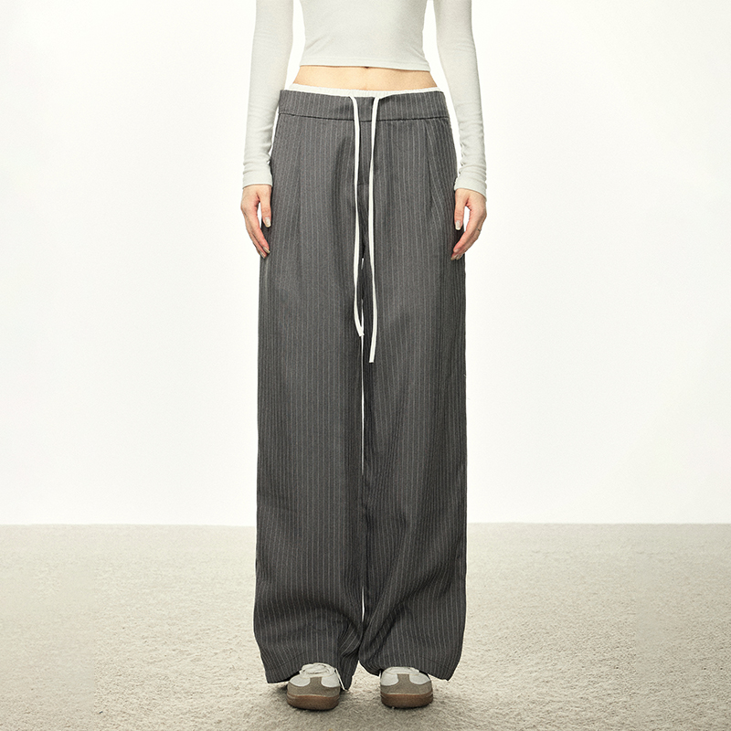 American-Style Striped Faux Two-Piece Suit Pants for Women - Loose Wide-Leg Casual Trousers for Spring and Autumn Fashion American-Style Striped Faux Two-Piece Suit Pants for Women - Loose Wide-Leg Casual Trousers for Spring and Autumn Fashion