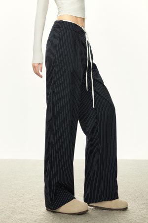 American-Style Striped Faux Two-Piece Suit Pants for Women - Loose Wide-Leg Casual Trousers for Spring and Autumn Fashion