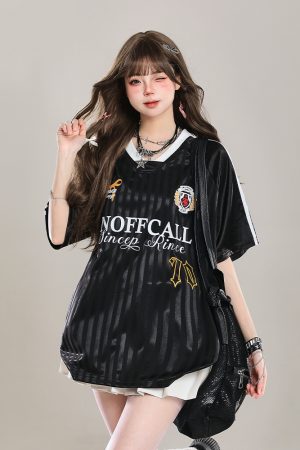 American-Style V-Neck Sports Jersey Short Sleeve T-Shirt for Women - Summer OOTD Loose Fit Top