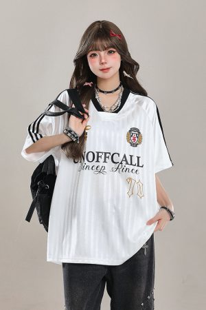 American-Style V-Neck Sports Jersey Short Sleeve T-Shirt for Women - Summer OOTD Loose Fit Top
