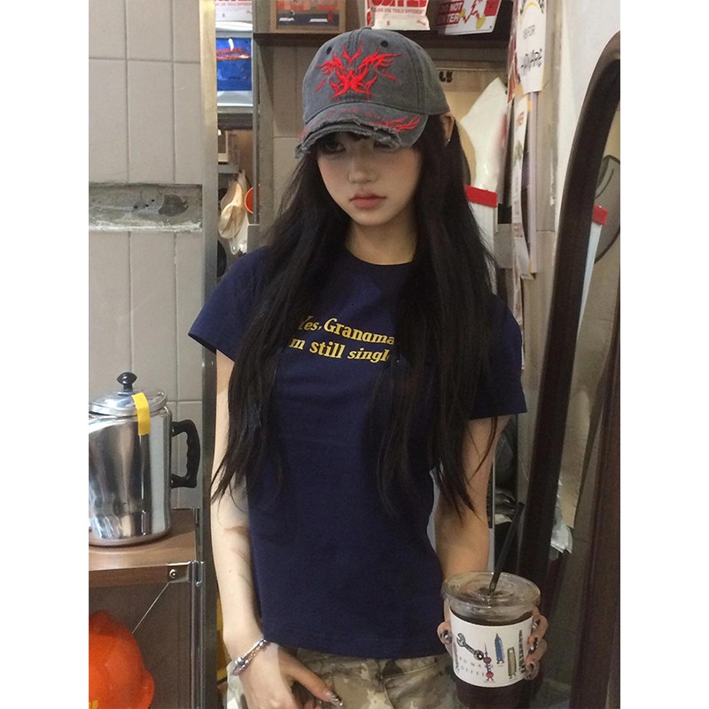 American Style Vintage Slim-Fit Cropped T-Shirt for Women - Summer Slogan Printed Short Sleeves American Style Vintage Slim-Fit Cropped T-Shirt for Women - Summer Slogan Printed Short Sleeves