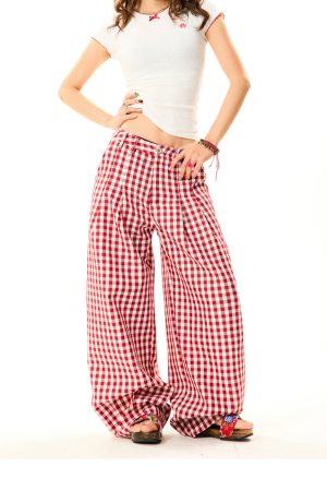 American Sweetheart Red Plaid Wide-Leg Casual Pants for Women - Relaxed Loose Versatile Trousers, Perfect for Y2K and Everyday Style