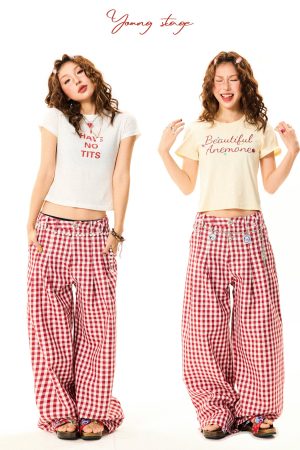American Sweetheart Red Plaid Wide-Leg Casual Pants for Women - Relaxed Loose Versatile Trousers, Perfect for Y2K and Everyday Style