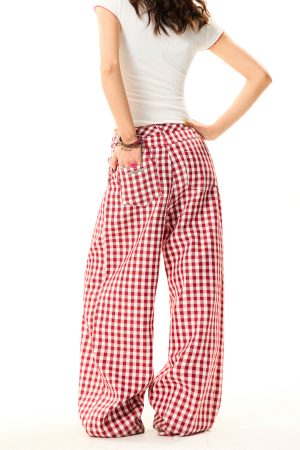American Sweetheart Red Plaid Wide-Leg Casual Pants for Women - Relaxed Loose Versatile Trousers, Perfect for Y2K and Everyday Style