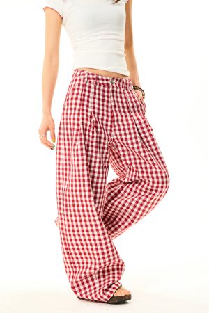 American Sweetheart Red Plaid Wide-Leg Casual Pants for Women - Relaxed Loose Versatile Trousers, Perfect for Y2K and Everyday Style