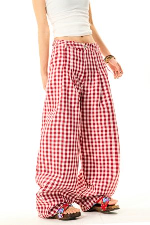 American Sweetheart Red Plaid Wide-Leg Casual Pants for Women - Relaxed Loose Versatile Trousers, Perfect for Y2K and Everyday Style