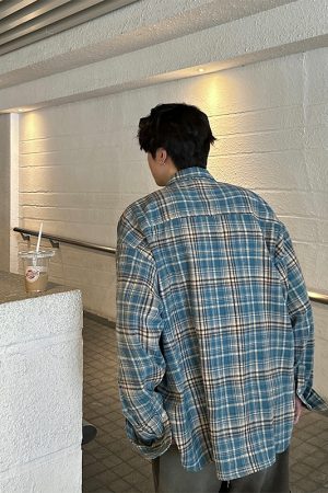 American Vintage Brushed Plaid Long Sleeve Shirt for Men & Women - Casual Loose Fit Unisex Jacket for Spring & Autumn Trends