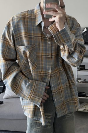 American Vintage Brushed Plaid Long Sleeve Shirt for Men & Women - Casual Loose Fit Unisex Jacket for Spring & Autumn Trends