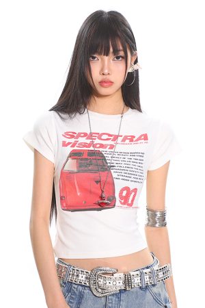 American Vintage Car Print Women's Summer Slim Fit Short Sleeve T-Shirt - High Elastic, Comfortable, Retro Style