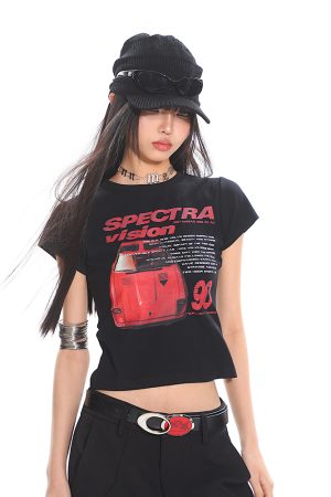 American Vintage Car Print Women's Summer Slim Fit Short Sleeve T-Shirt - High Elastic, Comfortable, Retro Style