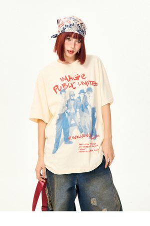 American Vintage Character Print Short Sleeve T-Shirt for Women - Casual Loose Summer Top, Retro 90s Style