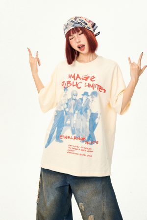 American Vintage Character Print Short Sleeve T-Shirt for Women - Casual Loose Summer Top, Retro 90s Style