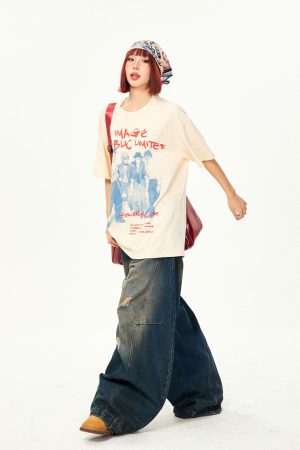 American Vintage Character Print Short Sleeve T-Shirt for Women - Casual Loose Summer Top, Retro 90s Style