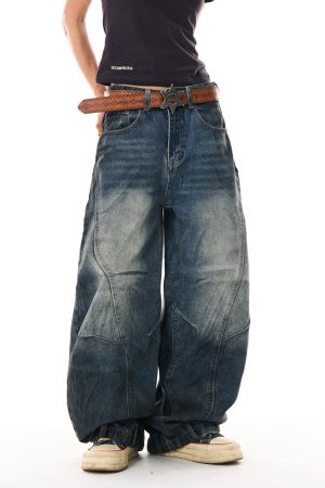 American Vintage Contrast Stitch Deconstructed Denim Pants for Women - Stylish Casual Wide-Leg Trousers, Y2K Fashion, Versatile Fit