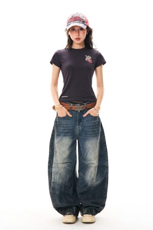 American Vintage Contrast Stitch Deconstructed Denim Pants for Women - Stylish Casual Wide-Leg Trousers, Y2K Fashion, Versatile Fit