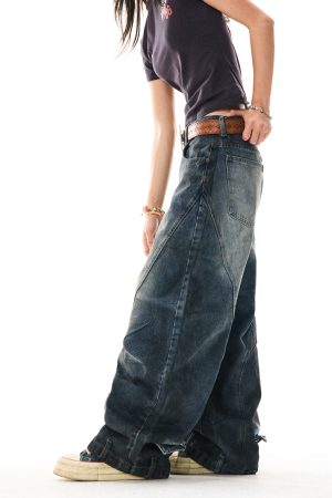 American Vintage Contrast Stitch Deconstructed Denim Pants for Women - Stylish Casual Wide-Leg Trousers, Y2K Fashion, Versatile Fit