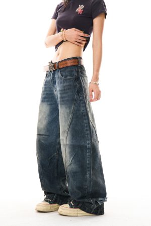 American Vintage Contrast Stitch Deconstructed Denim Pants for Women - Stylish Casual Wide-Leg Trousers, Y2K Fashion, Versatile Fit