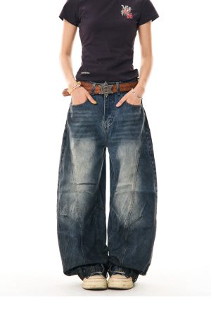 American Vintage Contrast Stitch Deconstructed Denim Pants for Women - Stylish Casual Wide-Leg Trousers, Y2K Fashion, Versatile Fit