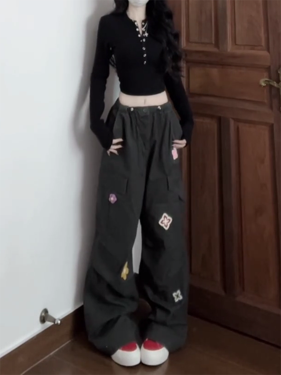 American Vintage Embroidered Cargo Pants for Women - Military Green, Loose-Fitting Straight-Leg Wide-Leg for Street Dance & Jazz Dance American Vintage Embroidered Cargo Pants for Women - Military Green, Loose-Fitting Straight-Leg Wide-Leg for Street Dance & Jazz Dance