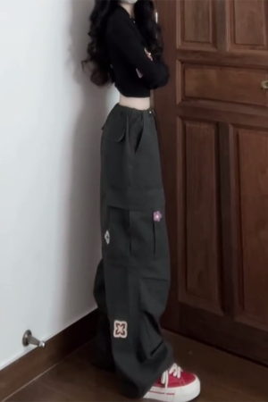 American Vintage Embroidered Cargo Pants for Women - Military Green, Loose-Fitting Straight-Leg Wide-Leg for Street Dance & Jazz Dance