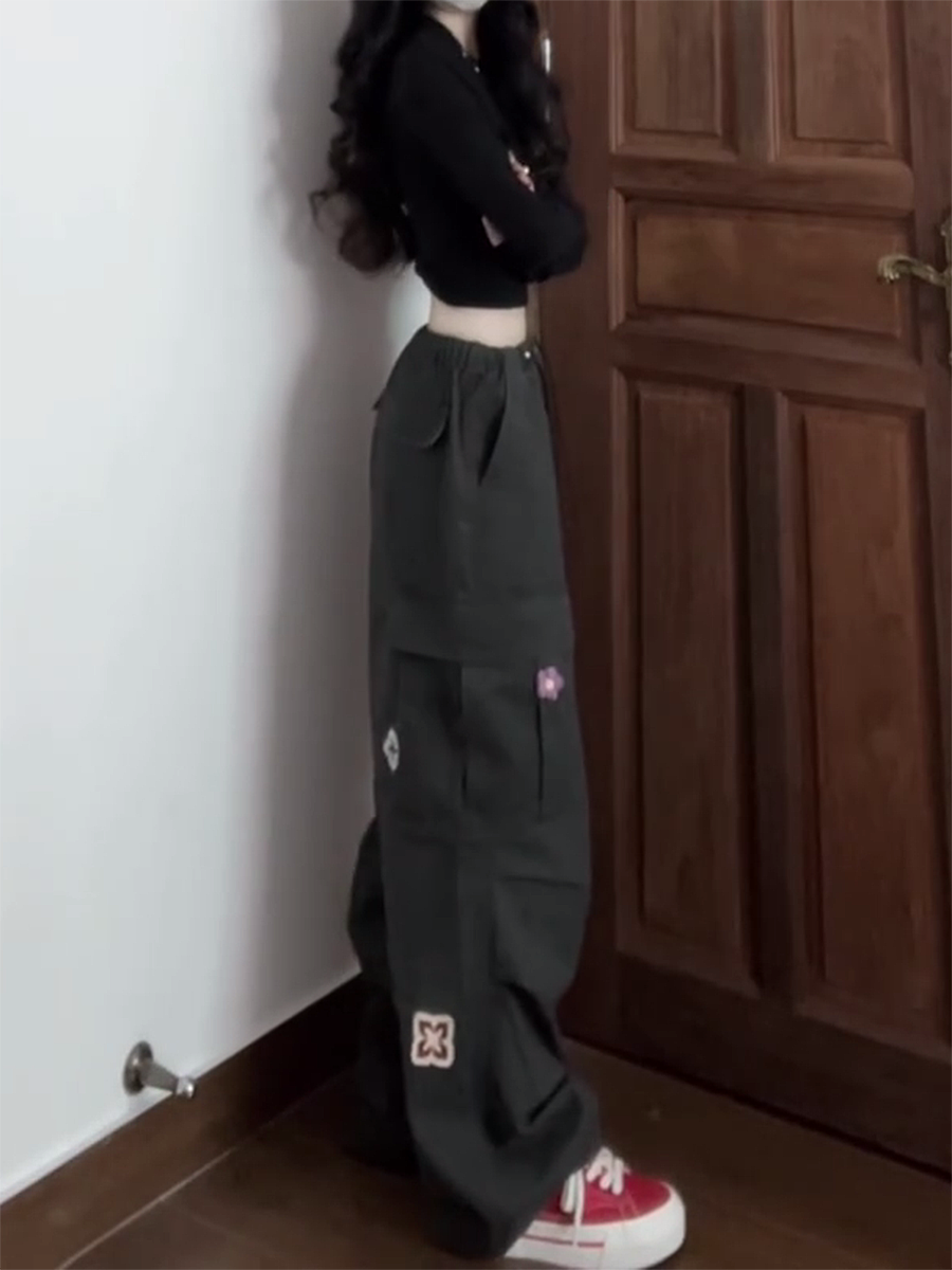 American Vintage Embroidered Cargo Pants for Women - Military Green, Loose-Fitting Straight-Leg Wide-Leg for Street Dance & Jazz Dance American Vintage Embroidered Cargo Pants for Women - Military Green, Loose-Fitting Straight-Leg Wide-Leg for Street Dance & Jazz Dance