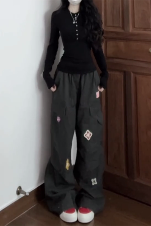 American Vintage Embroidered Cargo Pants for Women - Military Green, Loose-Fitting Straight-Leg Wide-Leg for Street Dance & Jazz Dance