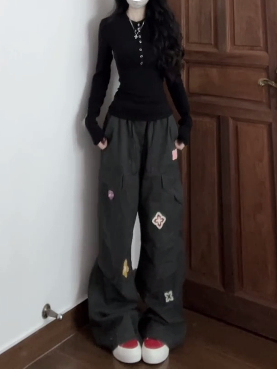 American Vintage Embroidered Cargo Pants for Women - Military Green, Loose-Fitting Straight-Leg Wide-Leg for Street Dance & Jazz Dance American Vintage Embroidered Cargo Pants for Women - Military Green, Loose-Fitting Straight-Leg Wide-Leg for Street Dance & Jazz Dance