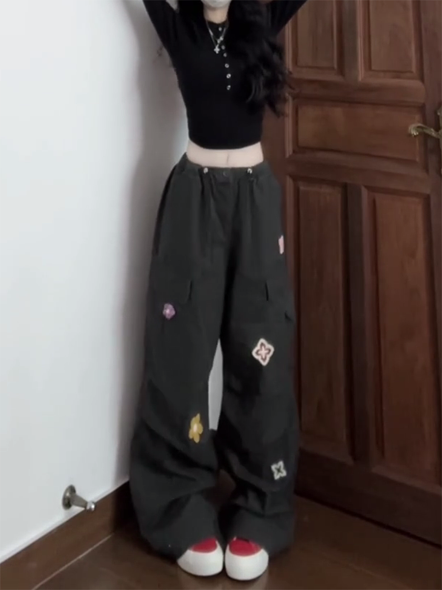 American Vintage Embroidered Cargo Pants for Women - Military Green, Loose-Fitting Straight-Leg Wide-Leg for Street Dance & Jazz Dance American Vintage Embroidered Cargo Pants for Women - Military Green, Loose-Fitting Straight-Leg Wide-Leg for Street Dance & Jazz Dance