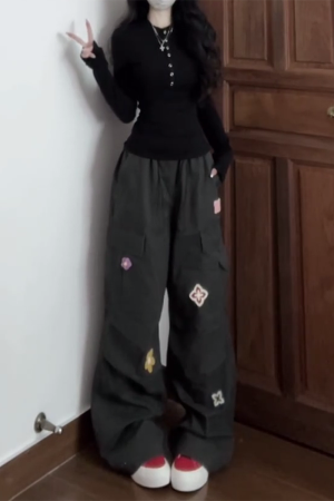 American Vintage Embroidered Cargo Pants for Women - Military Green, Loose-Fitting Straight-Leg Wide-Leg for Street Dance & Jazz Dance