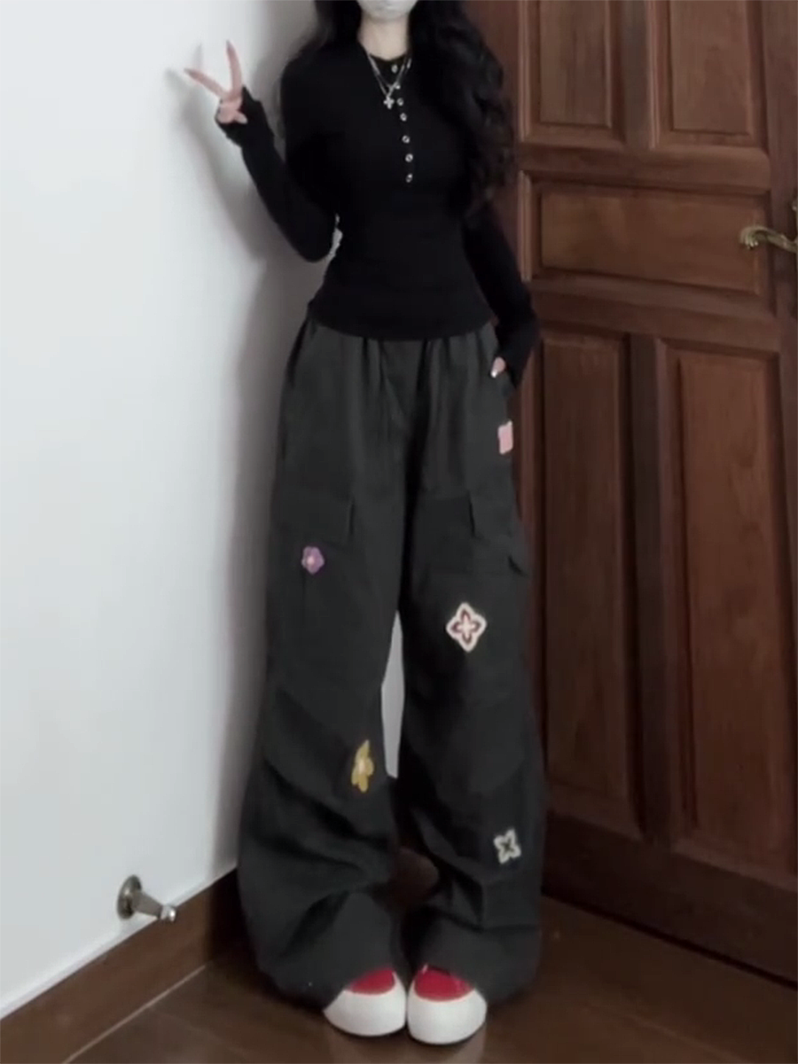 American Vintage Embroidered Cargo Pants for Women - Military Green, Loose-Fitting Straight-Leg Wide-Leg for Street Dance & Jazz Dance American Vintage Embroidered Cargo Pants for Women - Military Green, Loose-Fitting Straight-Leg Wide-Leg for Street Dance & Jazz Dance