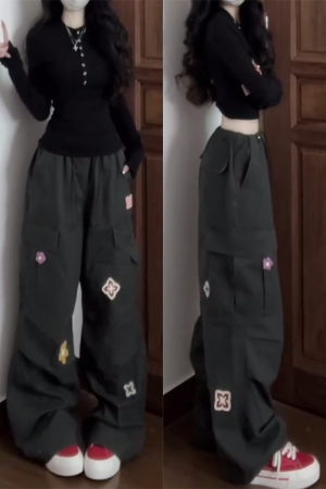 American Vintage Embroidered Cargo Pants for Women - Military Green, Loose-Fitting Straight-Leg Wide-Leg for Street Dance & Jazz Dance