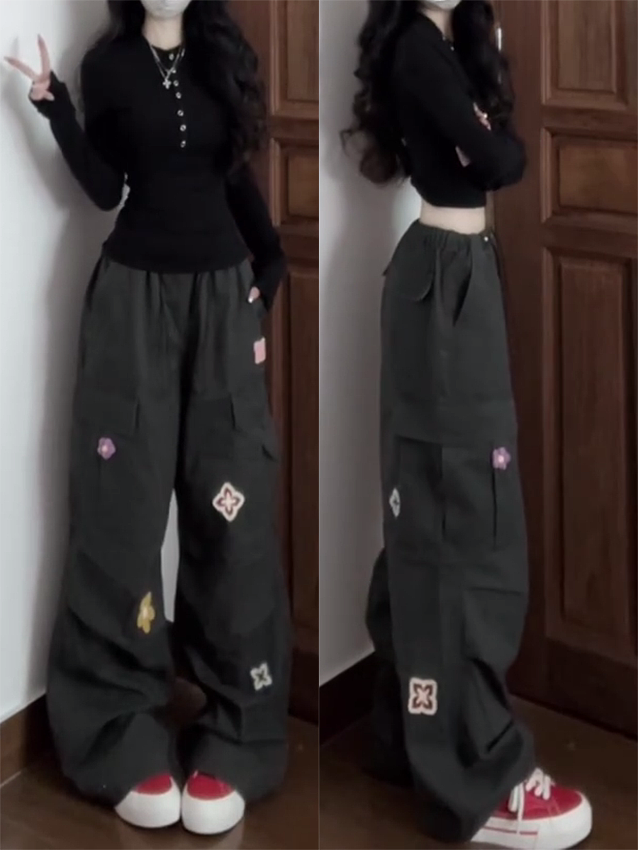 American Vintage Embroidered Cargo Pants for Women - Military Green, Loose-Fitting Straight-Leg Wide-Leg for Street Dance & Jazz Dance American Vintage Embroidered Cargo Pants for Women - Military Green, Loose-Fitting Straight-Leg Wide-Leg for Street Dance & Jazz Dance