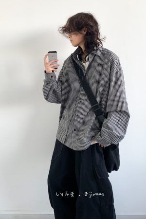 American Vintage Fine Check Long Sleeve Shirt - Unisex Casual Plaid Jacket for Spring and Autumn, Lazy Style Couple's Fashion