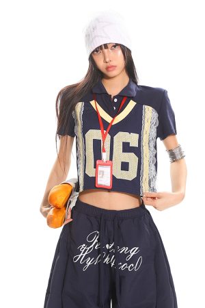 American Vintage Lace Digital Polo Collar Top - Women's Summer Short Sleeve Casual Sports T-Shirt