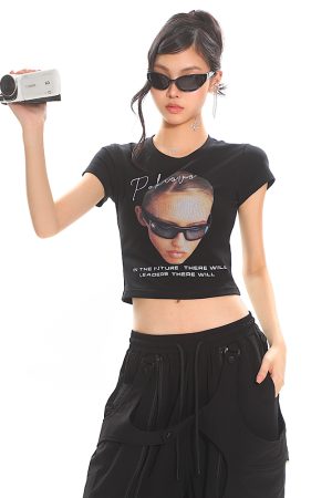American Vintage Portrait Print Short Sleeve T-Shirt for Women - Slim Fit Summer Top, Y2K Style, Hot Girl Fashion