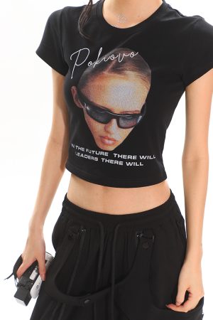 American Vintage Portrait Print Short Sleeve T-Shirt for Women - Slim Fit Summer Top, Y2K Style, Hot Girl Fashion