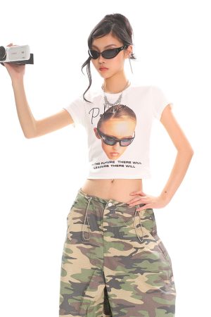 American Vintage Portrait Print Short Sleeve T-Shirt for Women - Slim Fit Summer Top, Y2K Style, Hot Girl Fashion