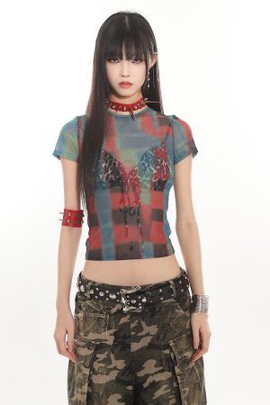 American Vintage Printed Mesh Sheer Short Sleeve Top for Women - Sexy Tight Fit, Summer Fashion, Y2K Style