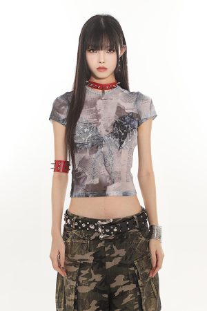 American Vintage Printed Mesh Sheer Short Sleeve Top for Women - Sexy Tight Fit, Summer Fashion, Y2K Style