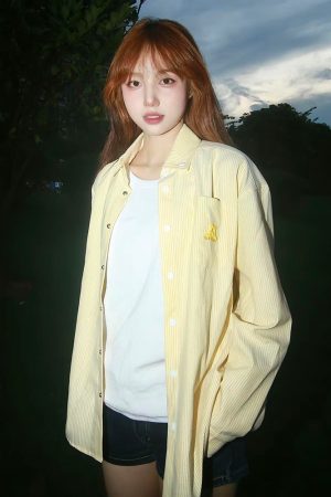 American Vintage Striped Long Sleeve Shirt with Dog Embroidery, Spring Style Loose Top, Casual 90s Inspired Jacket