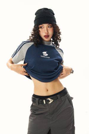 American Vintage Style Short Sleeve T-Shirt for Women, Summer Raglan Slim Fit Top, Y2K Inspired Fashion