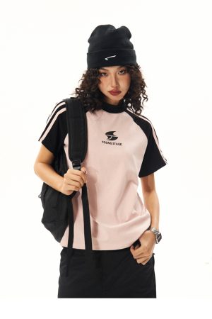 American Vintage Style Short Sleeve T-Shirt for Women, Summer Raglan Slim Fit Top, Y2K Inspired Fashion