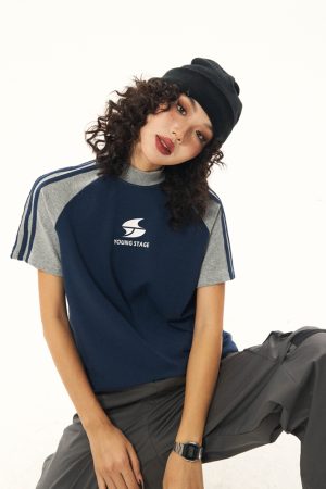 American Vintage Style Short Sleeve T-Shirt for Women, Summer Raglan Slim Fit Top, Y2K Inspired Fashion